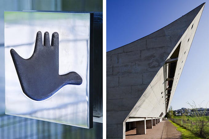 entrée et détail de la maison de la culture de Le Corbusier à Firminy