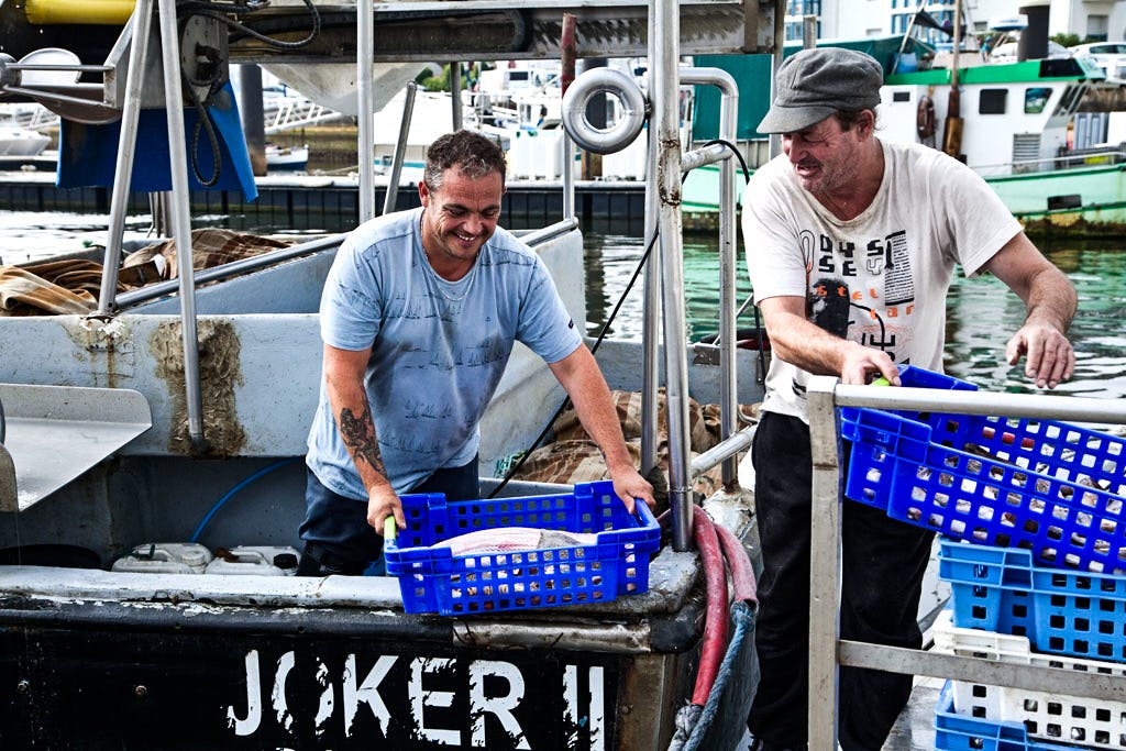 Aurélien Sorin déchargeant les bacs de poisson de la pêche du jour à Capbreton