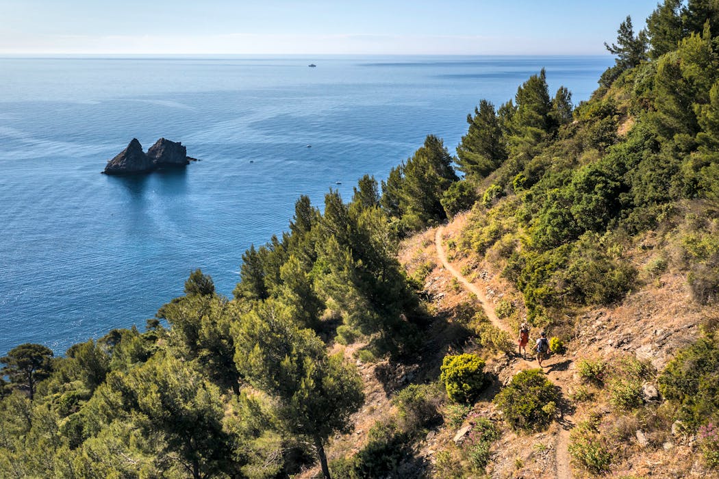 Le Rocher des Deux Frères au fond lors d'une randonnée dans le massif du Cap Sicié dans le Var