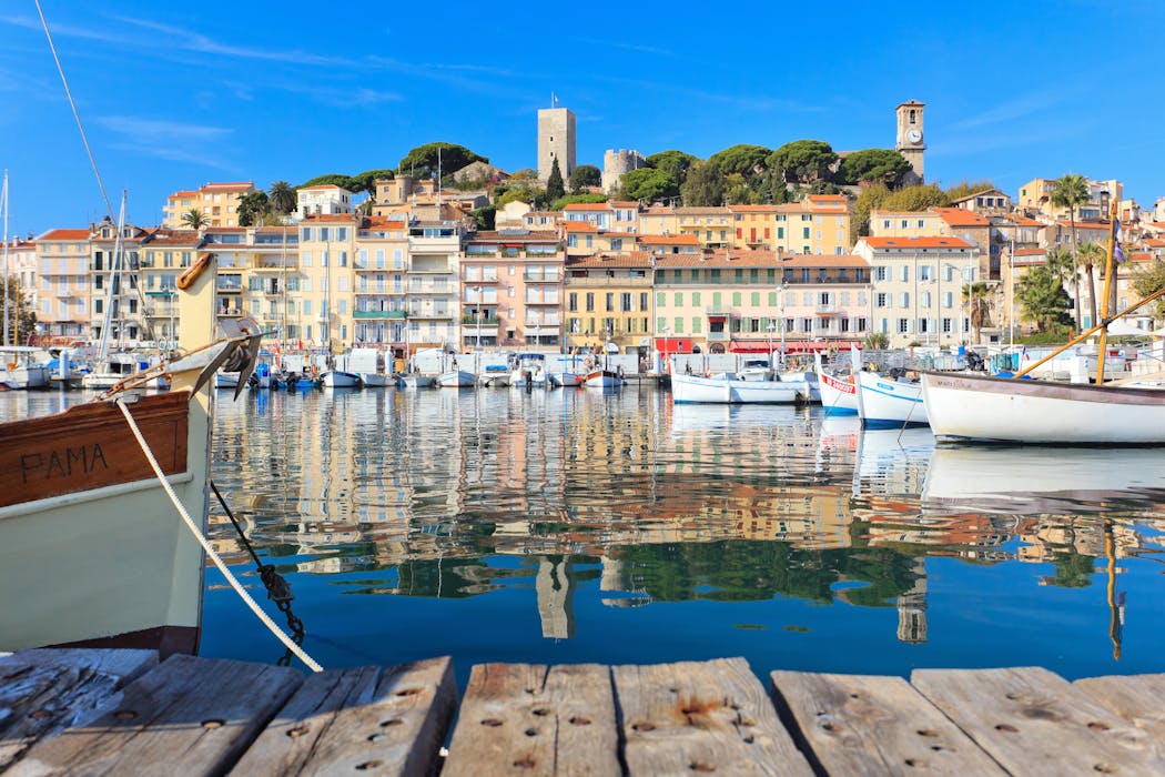 Vieux port de Cannes avec bateaux et maisons colorées en arrière-plan.