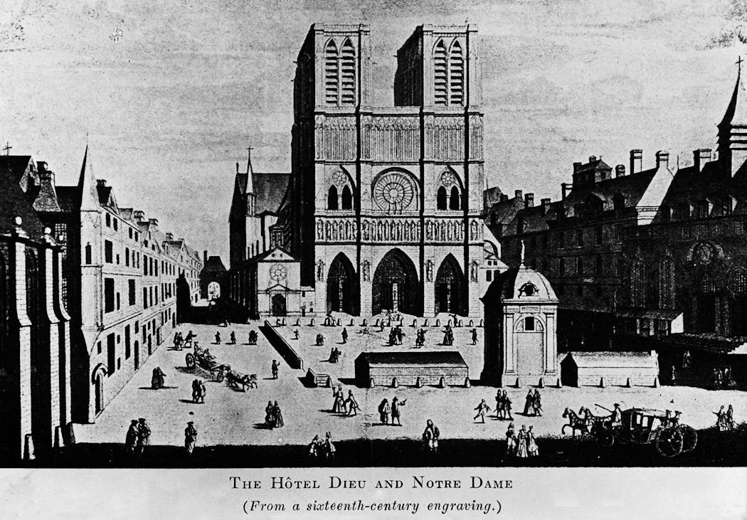 Gravure de Notre-Dame de Paris datant du XVIe siècle